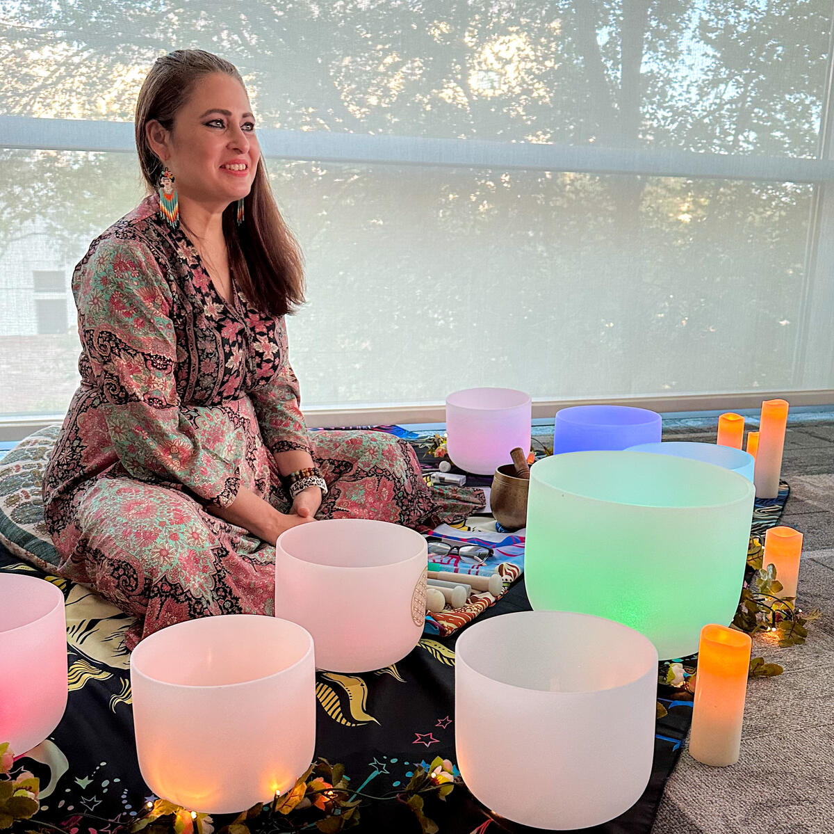 Image of Anita Vyas with crystal singing bowls