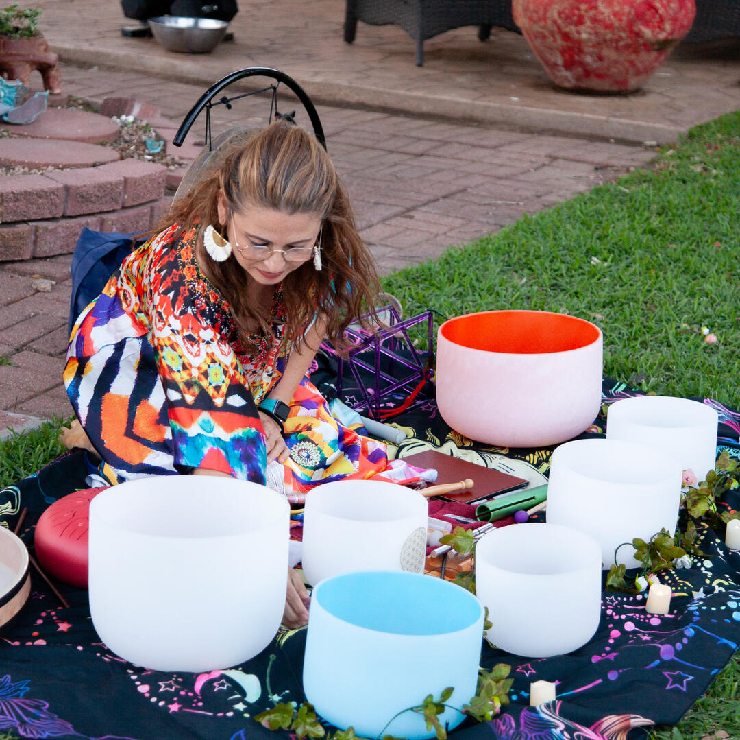 Anita Vyas Image of Anita Vyas with crystal singing bowls